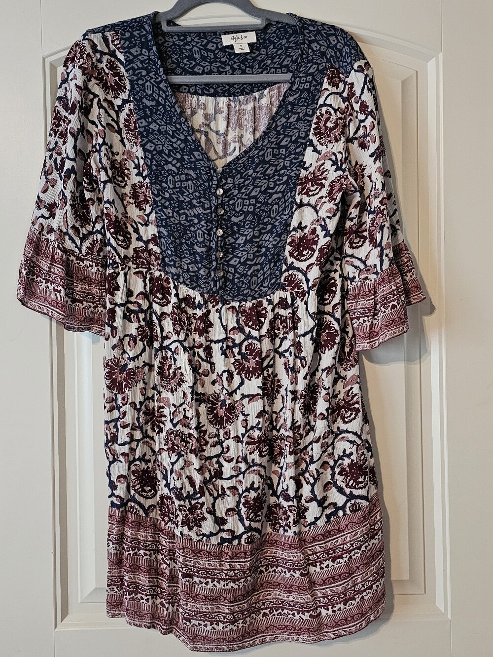 Style & Co. Floral Boho V-Neck Dress in Navy and Burgundy, Size Small
